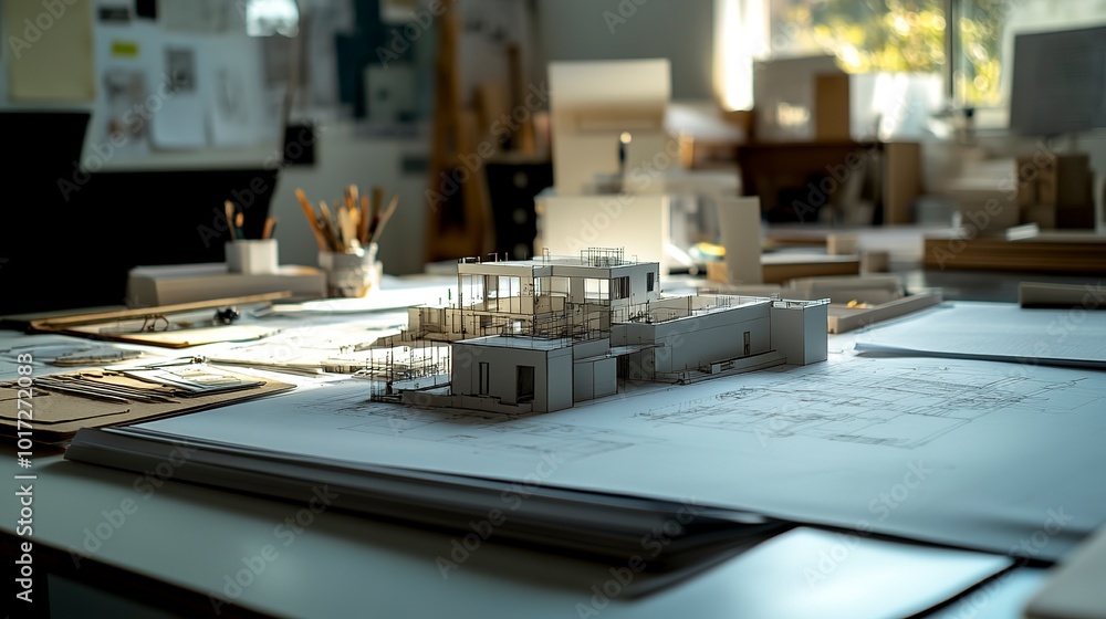 Poster architect design working drawing sketch plans blueprints and making architectural construction model