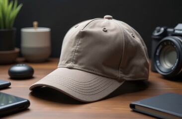 A beige cap placed on a wooden table surrounded by small plants, a camera, and gadgets in a softly lit workspace