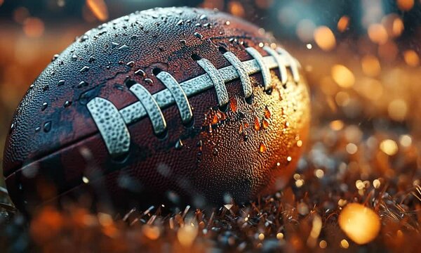 A close-up of a wet football resting on grass.