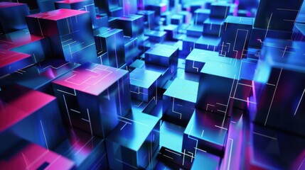 Abstract Blue and Purple Cubes with Neon Lines