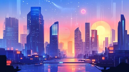 Fototapeta premium Futuristic metaverse city vector flat simple illustration 