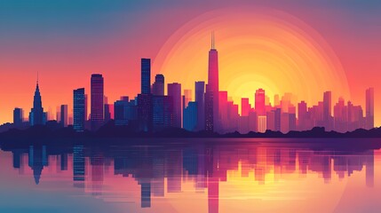 Fototapeta premium Abstract geometric cityscape at sunset, flat minimalistic isolated illustration 