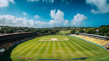 A panoramic view of a cricket stadium under a blue sky.