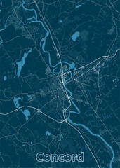 A detailed map of Concord, featuring a network of roads, streets, and waterways. The map is rendered in a minimalist style with white lines on a dark blue background. The city's layout is clearly visi