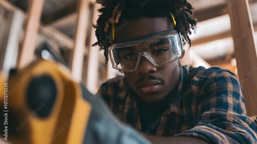 Poster 6. close-up of a construction worker using a power tool, focused on their task with safety goggles