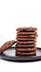 Stack of chocolate cookies on a plat isolated on white 