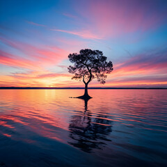 Lone Tree in a sunset or sunrise lake