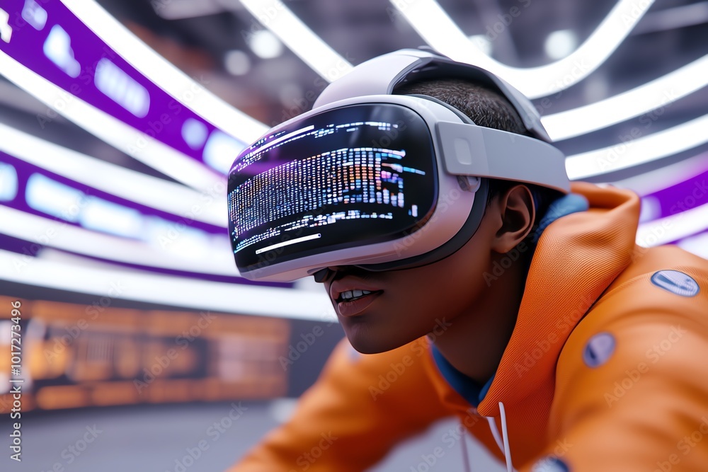 Poster 3D model of a hacktivist working inside a virtual reality protest environment, showing intricate details of the digital tools used for activism