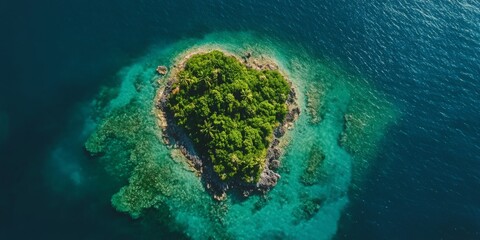 A small island with lush greenery, surrounded by crystal clear waters, sunny day