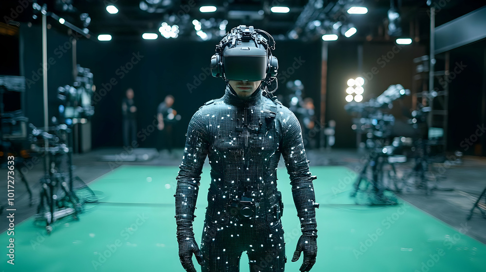 Poster a person in motion capture suit using vr technology in a studio.