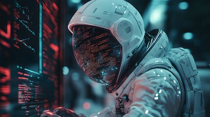 A futuristic spaceman reading programming code with it being reflected over his space helmet. Future concept. 3D illustration. 
