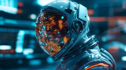 A futuristic spaceman reading programming code with it being reflected over his space helmet. Future concept. 3D illustration. 
