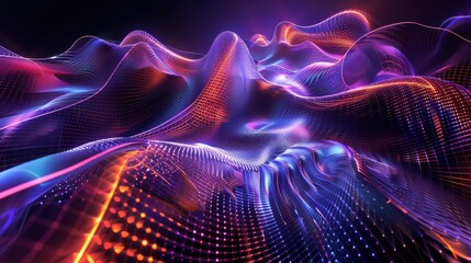 Fototapeta premium Abstract Wavy Pattern with Neon Lights and Grid