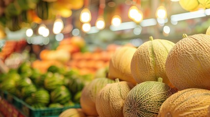 Cantaloupe Melons with Light in Market Setting