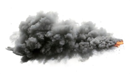 Explosion of black smoke powder. Combust, dark dust exhaust concept.  Pollution of air, unhealthy living in a busy metropolitan city. isolated on white background with copy space