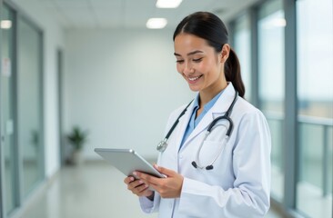 Young female doctor using a tablet while smiling in a bright medical office during the day