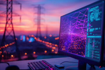 industrial energy supply visualised on a computer monitor, power grid in background, data network expansion, purple and blue sunset, photorealistic, OeE