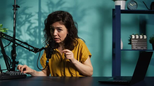 Content creator preparing podcast recording equipment, waiting for guests to arrive and film video. Online show host testing professional microphone before conducting interviews in studio, camera B