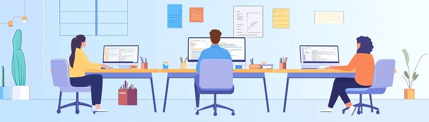 Illustration of a modern office scene with diverse employees working at desks with computers, emphasizing teamwork and productivity.