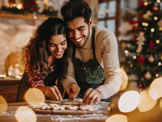 Young latin couple baking cookies for Christmas holidays