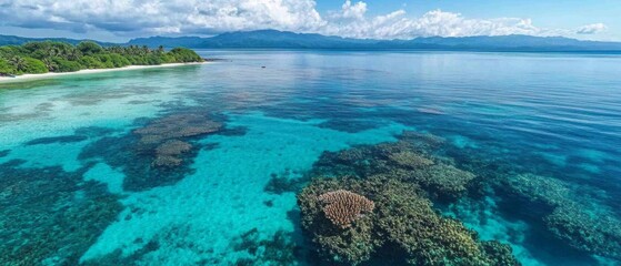 Fototapeta premium An aerial view of a coral reef just beneath the water's surface, tropical island in the distance