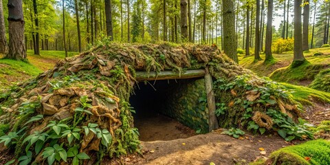 Obraz premium The army's camouflaged foxhole blends seamlessly with dense vegetation, providing essential cover and tactical