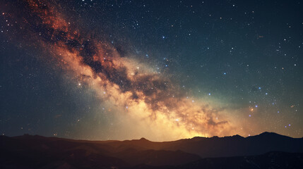 a very big pretty colorful galaxy in the sky close to some hills, 