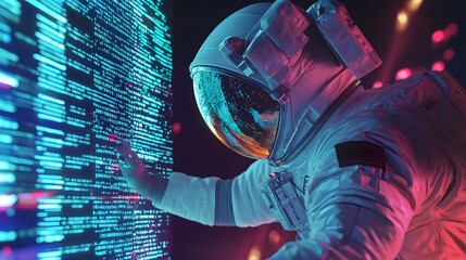 A futuristic spaceman reading programming code with it being reflected over his space helmet. Future concept. 3D illustration. 