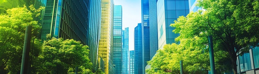 Vibrant cityscape with tall, modern skyscrapers surrounded by lush green trees, blending urban architecture with nature's tranquility.