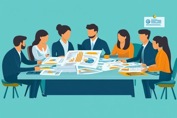 A diverse team of professionals collaborate in a modern office, analyzing documents and charts during a productive meeting.