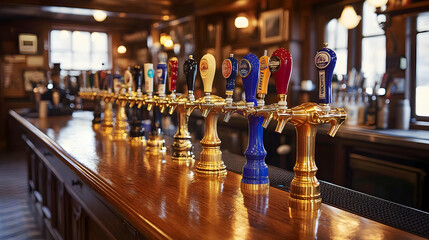 A polished bar showcasing various beer taps for serving drinks.