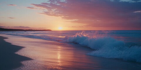 Obraz premium Waves gently crashing onto a beach at sunset, vibrant colors in the sky