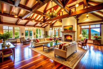 The generous space boasts high ceilings and visible beams, cultivating an open, inviting environment ideal for relaxing