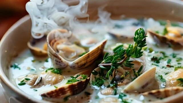 Steaming clam chowder with fresh herbs, crusty bread, and soft lighting. Perfect for cozy meals. Made with fresh clams, dairy, and flavorful broth. Healthy and satisfying