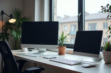 A modern workspace featuring a desktop and laptop computer beside green plants near a large window with natural light in a cozy interior