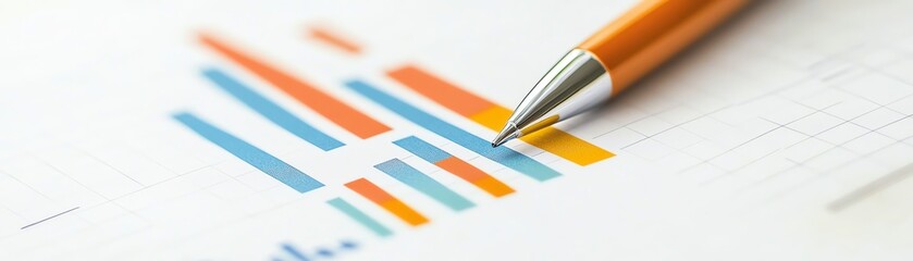 Close-up of a business pen pointing at a colorful bar chart on a financial report, illustrating data analysis and market trends.