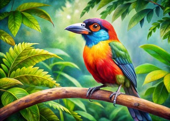 Obraz premium The striking El Torogoz bird perches gracefully on a branch, enveloped by rich, verdant foliage in a tropical