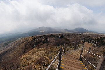 Hallasan National Park, Jeju island, South Korea, spring view of Yeongsil trail with wooden ladder path stairs, trekking and climbing, stairway to Halla mountain, hiking in Korea, Jeju-do, sunny day
