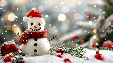 Fototapeta premium Merry christmas and happy new year greeting card with copy-space.Happy snowman standing in christmas landscape.Snow background.Winter fairytale