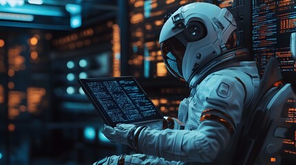 A futuristic spaceman reading programming code with it being reflected over his space helmet. Future concept. 3D illustration. 