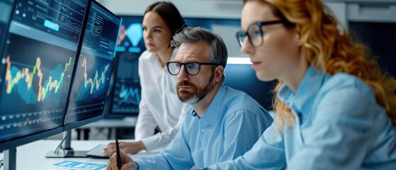 A business team analyzes stock market data on multiple monitors in a modern office setting, showcasing their focus on financial trends and insights.