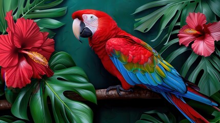 Fototapeta premium A stunning parrot perches on a branch surrounded by vibrant tropical foliage and hibiscus flowers, showcasing nature's colorful beauty in a wildlife setting.