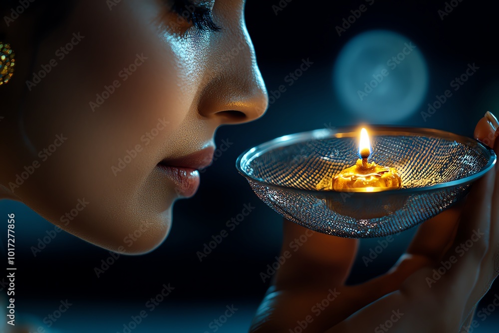Aufkleber a close-up of a womanâ€™s hand holding a sieve and diya while looking through it at the moon during 