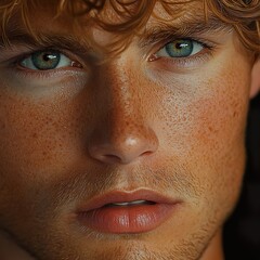 Fototapeta premium Close-Up Portrait of a Handsome Man with Blue Eyes and Freckles