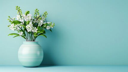Beautiful white flowers in a soft mint green vase against a calming teal backdrop.
