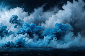 Obraz premium Black scene with blue smoke in the background. Blue mist on the ground. Fog backdrop.