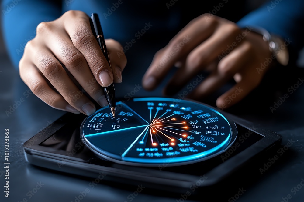 Poster Business analyst presenting a pie chart that breaks down the LTV of different customer demographics, representing the diverse value brought by various customer segments, symbolizing data segmentation