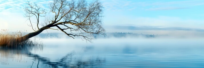 Fototapeta premium Serene landscape with a lone tree extending over a calm, misty lake under a clear blue sky.