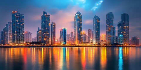 Fototapeta premium A riverfront view of a city skyline with towering buildings and glowing lights reflected in the water