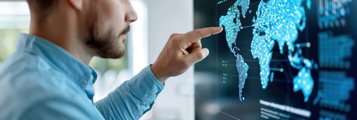 A person interacting with a digital map on a touchscreen display, highlighting information and data visualization in a modern workspace.